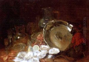 A Monkey Sitting By A Salver, Oysters And Shrimps, A Lemon, Various Glass Vessels And Plates On A Table by Charles Monginot