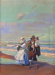 Familia En La Playa De La Malvarrosa by Jose Mongrell Torrent