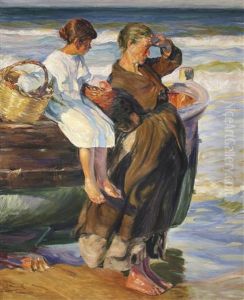 Mujer Y Nina En La Playa De Cullera by Jose Mongrell Torrent