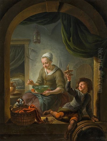 A Young Woman And A Boy With A Mousetrap In An Interior - view 1