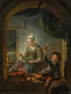 A Young Woman And A Boy With A Mousetrap In An Interior A Young Woman And A Boy With A Mousetrap In An Interior