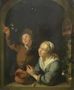 A Young Couple Blowing Bubbles At A Window