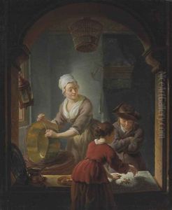 An Interior With A Kitchen Maid Cleaning A Copper Pot And A Youth And Young Woman Playing Jeu De L'oie