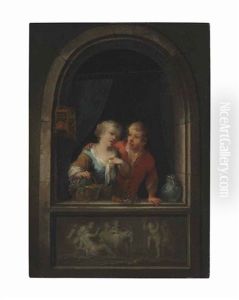 A Young Couple At A Window With A Classical Relief by Louis de Moni