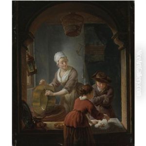 An Interior With A Kitchen Maid Cleaning A Copper Pot And A Youth And Young Woman Playing Jeu De L'oie