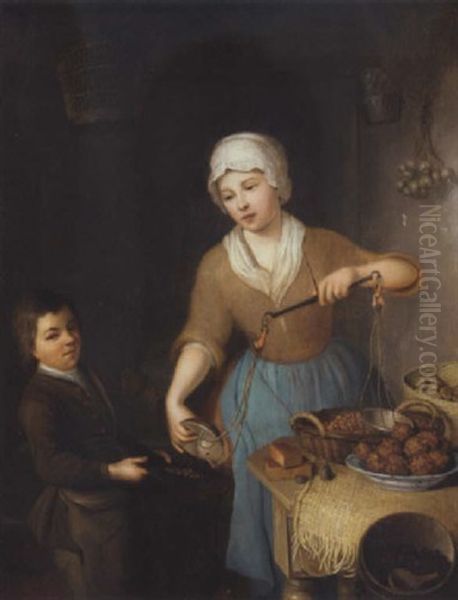 A Woman Weighing Hazelnuts With A Boy In A Kitchen - view 1