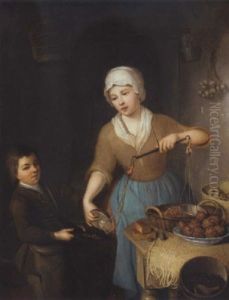 A Woman Weighing Hazelnuts With A Boy In A Kitchen
