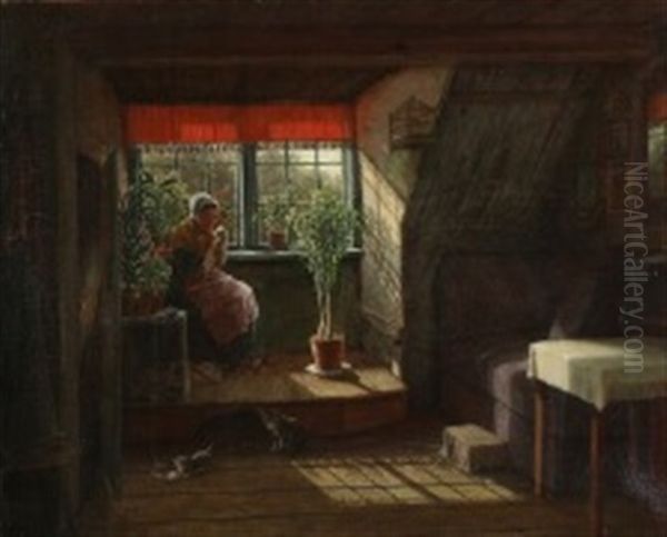 Interior With An Old Lady Knitting By The Window - view 1