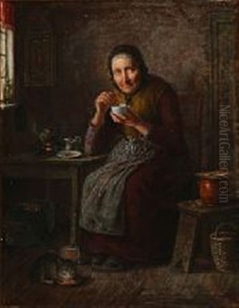 An Old Woman Drinking Tea And The Cat Are Having Milk - view 1