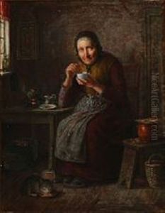 An Old Woman Drinking Tea And The Cat Are Having Milk