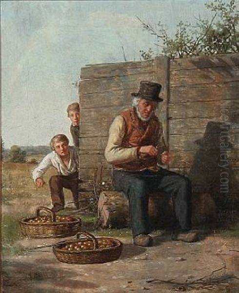 Two Boys Stealing Apples, While Older Man Is Taking A Rest And Rolls A Cigarette - view 1