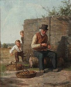 Two Boys Stealing Apples, While Older Man Is Taking A Rest And Rolls A Cigarette