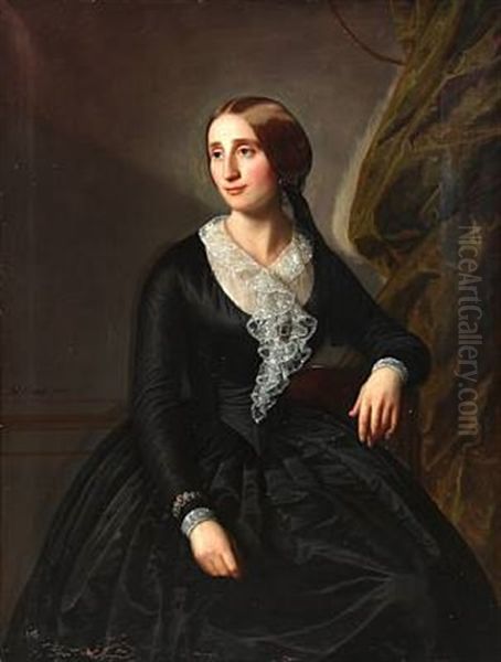 Portrait Of An Actress At The Royal. Theatre Mrs. Erhardine Adolphine Hansen (1815-1893) Wearing Black Dress With White Fichu And Jewelry - view 1
