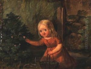 A Little Girl Picking Flowers (+ A Little Boy With A Basket; Pair) by David Monies