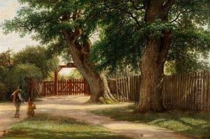 A Grandfather And His Little Grandchild At One Of The Red Gates Of Dyrehaven (the Deer Garden) North Of Copenhagen by David Monies