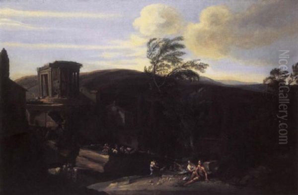 Classical Figures Resting On A Track, A Shepherd With Sheep Beyond, Before The Temple Of Vesta, Tivoli - view 1