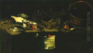 A Still Life Of Various Birds, A Bird's Nest, Hares, A Basket And Insects, All On A Stone Ledge by Pieter Moninckx