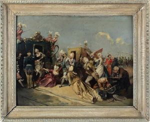 Ankunft Einer Hochfeinen Dame Der Rokokozeit Die Einer Kutsche Entsteigt, Begrust Durch Eine Vornehme Gesellschaft Und Lakaien, Diener Entnehmen Eilig Den Begrusungstrunk Und Glaser Einer Kiste, Bei Der Kutsche Und Im Hintergrund Soldaten