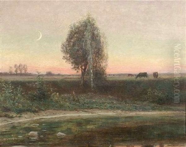 Blick Uber Einen Schmalen Flus In Eine Weite Landschaft Im Abendrot - view 1