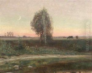 Blick Uber Einen Schmalen Flus In Eine Weite Landschaft Im Abendrot by Charles Monnier