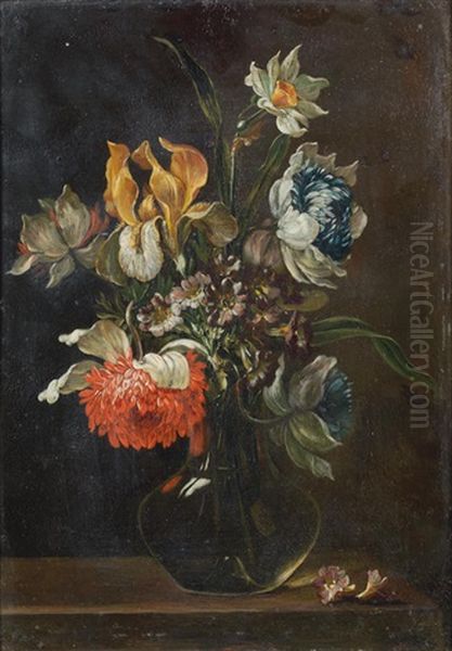 An Iris, Auriculas And Other Flowers In A Glass Vase On A Table-top In A Carved Frame - view 1