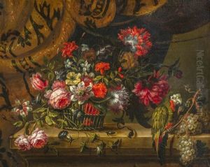 Corbeille De Fleurs Et Perroquet Sur Un Entablement by Antoine (Baptiste M.) Monnoyer