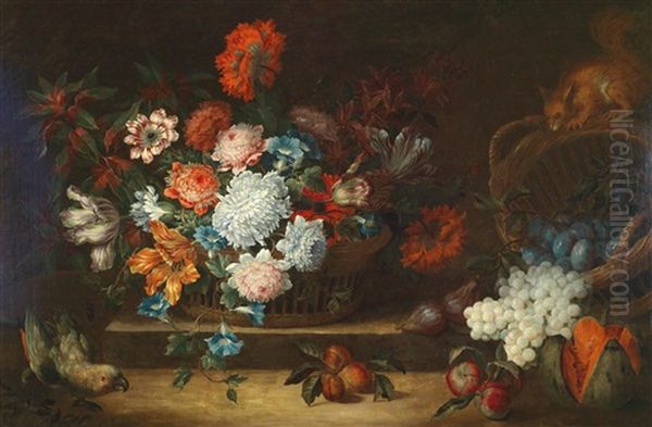 A Still Life Of Fruit With A Parrot And A Squirrel - view 1