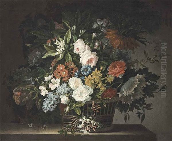 Roses, Parrot Tulips, Carnations, Lilies And Other Flowers In A Wicker Basket On A Stone Ledge - view 1