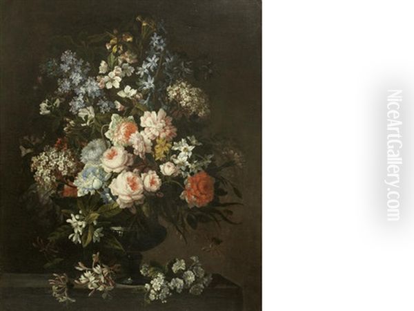 Roses, Carnations, Honeysuckle, Apple Blossom And Other Flowers In A Glass Vase On A Stone Ledge - view 1