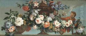 Hyacinthes, Roses, Chrysanthemums And Narcissi In A Terracotta Vase On A Stone Ledge, With A Monkey Hyacinthes, Roses, Chrysanthemums And Narcissi In A Terracotta Vase On A Stone Ledge, With A Monkey