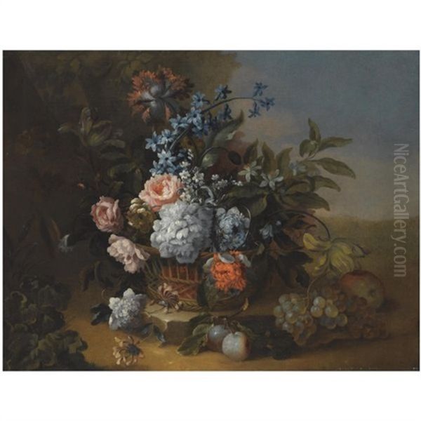 A Still Life With Carnations, Roses And Morning Glory In A Basket Over A Stone Ledge, Beside Grapes, Plums And An Apple - view 1