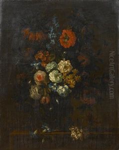 Roses, Chrysanthemums, Convolvulus, And Other Flowers In A Glass Vase Roses, Chrysanthemums, Convolvulus, And Other Flowers In A Glass Vase