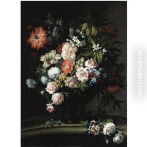 Natura Morta Con Rose Centifolia, Peonie, Anemoni, Lilla E Papavero In Un Vaso by Antoine (Baptiste M.) Monnoyer