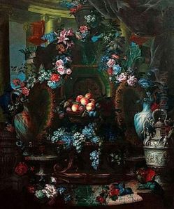 Nature Morte De Pieces D'orfevrerie, Plats De Raisins Et Peches, Guirlandes De Fleurs