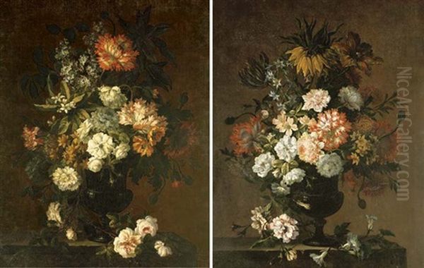 Tulips, Roses, Carnations, Anemone, Lilac And Orange Blossom In A Glass Urn With A Spray Of Roses On A Stone Ledge (+ Tulips, Anemone, Roses And Other Flowers In A Glass Urn; Pair) - view 1