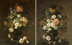 Tulips, Roses, Carnations, Anemone, Lilac And Orange Blossom In A Glass Urn With A Spray Of Roses On A Stone Ledge (+ Tulips, Anemone, Roses And Other Flowers In A Glass Urn; Pair) by Antoine (Baptiste M.) Monnoyer