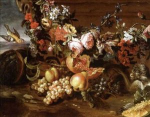 Nature Morte A La Guirlande De Fleurs, Melon Et Singe by Antoine (Baptiste M.) Monnoyer
