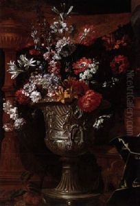 A Still Life Of Carnations, Lilies And Other Flowers In A Silver Gilt Urn, A Gilt Torchere And A Draped Embroidered Curtain Behind by Antoine (Baptiste M.) Monnoyer