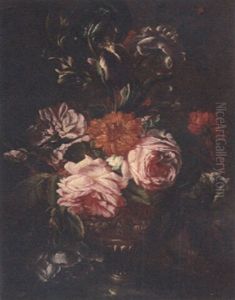 Roses, Carnations, Tulips And Other Flowers In An Urn On A Ledge by Antoine (Baptiste M.) Monnoyer