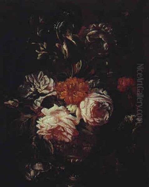 Blumenstraus Von Rosen, Lilien Und Einer Dalie In Einer Prunkvase - view 1