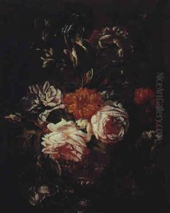 Blumenstraus Von Rosen, Lilien Und Einer Dalie In Einer Prunkvase by Antoine (Baptiste M.) Monnoyer