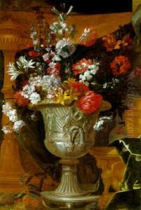 Lilies And Other Flowers In A Silver-gilt Sculpted Urn In Draped Interior