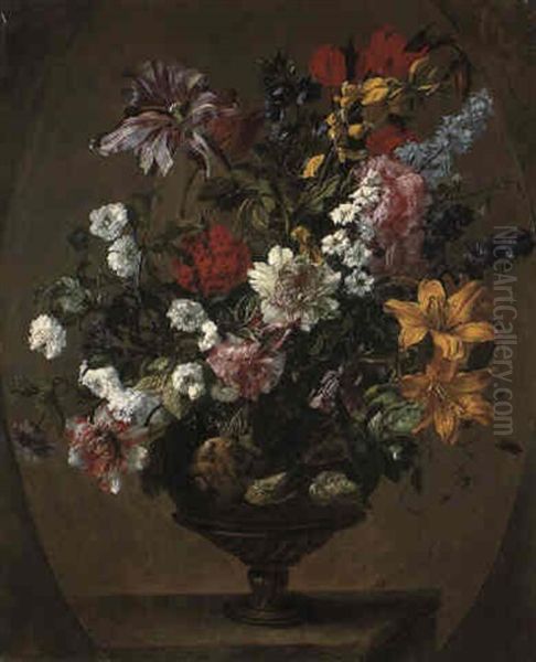 Flowers In A Sculpted Urn On A Pedestal - view 1