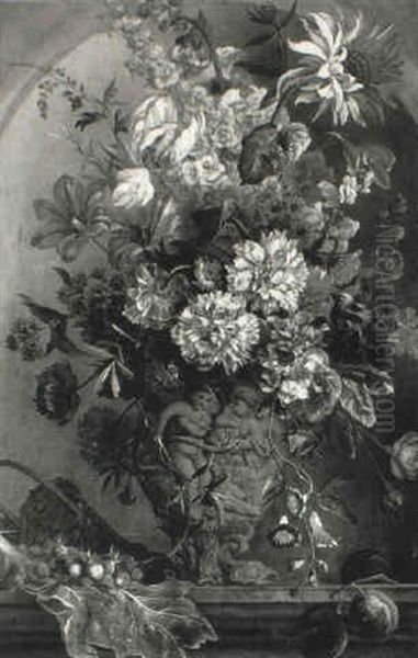 Mixed Flowers In An Urn With Fruit On A Ledge In A Niche - view 1