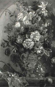 Mixed Flowers In An Urn With Fruit On A Ledge In A Niche