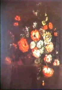Bouquet De Pivoines Dans Un Panier D'osier Sur Un Entablement by Antoine (Baptiste M.) Monnoyer