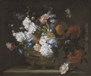 Peonies, Carnations, Poppies And Auriculae In A Bronze Urn On A Stone Ledge