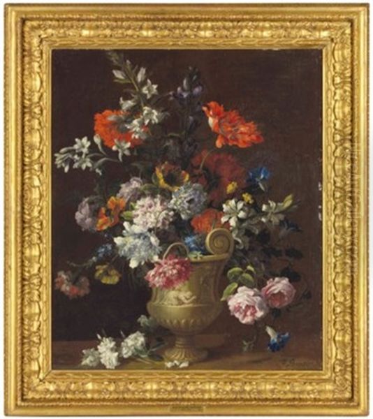 Carnations, Peonies And Other Flowers In A Sculpted Urn - view 1
