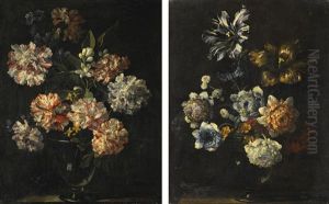 Still Lifes With Carnations, Morning Glory, Zagara And Other Flowers In Glass Vases On Stone Ledges by Jean-Baptiste Monnoyer