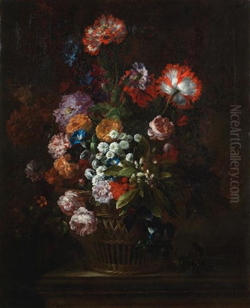 Roses, Convolvulus, Marigolds And Other Flowers In A Basket On A Stone Ledge - view 1